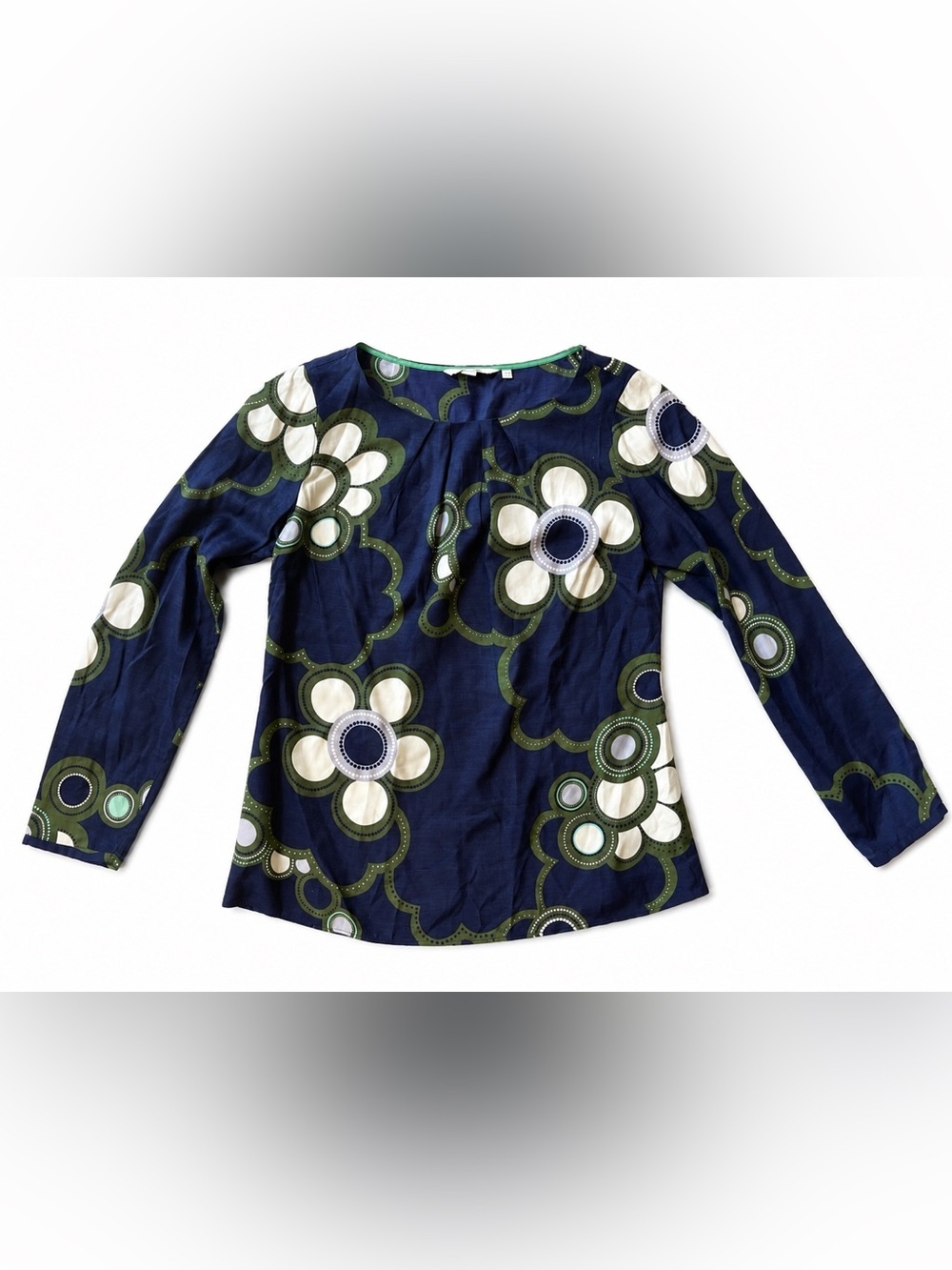 Boden Floral Silk Blend Long Sleeve Blouse Top Navy Blue Green UK 12 US 8